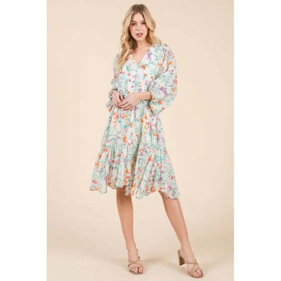Lime 'N' Chili Floral Cinched Waist Balloon Sleeve V-Neck Dress - Picture 9 of 10